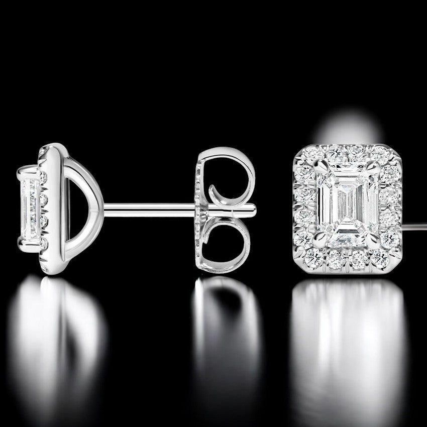 Emerald Cut Lab Grown Diamond Halo Stud Earrings