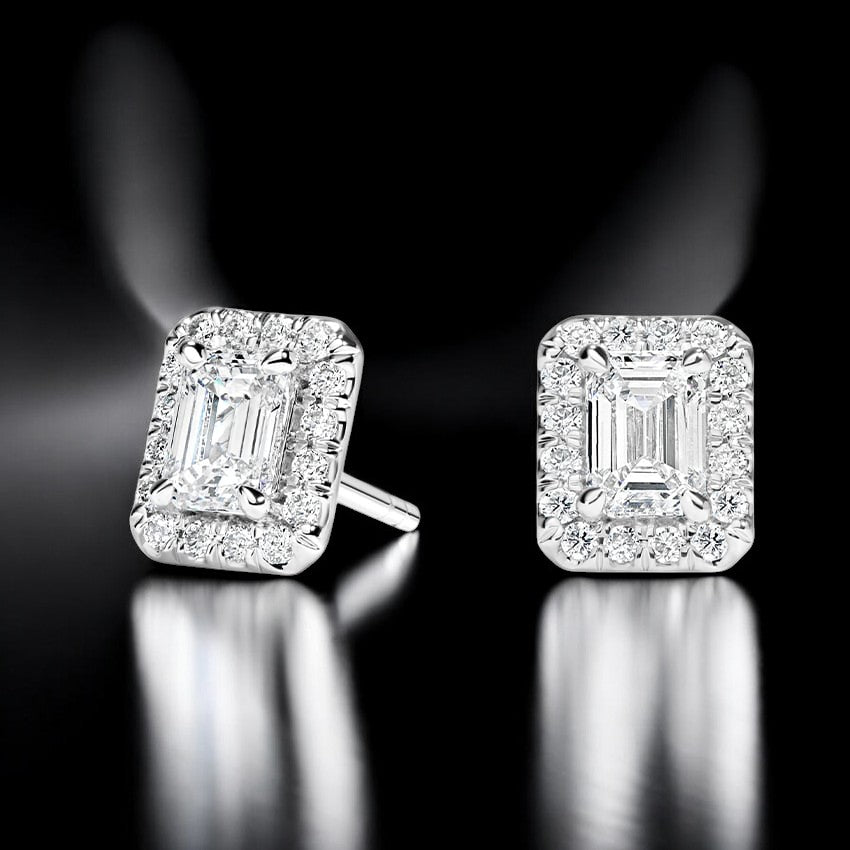 Emerald Cut Lab Grown Diamond Halo Stud Earrings