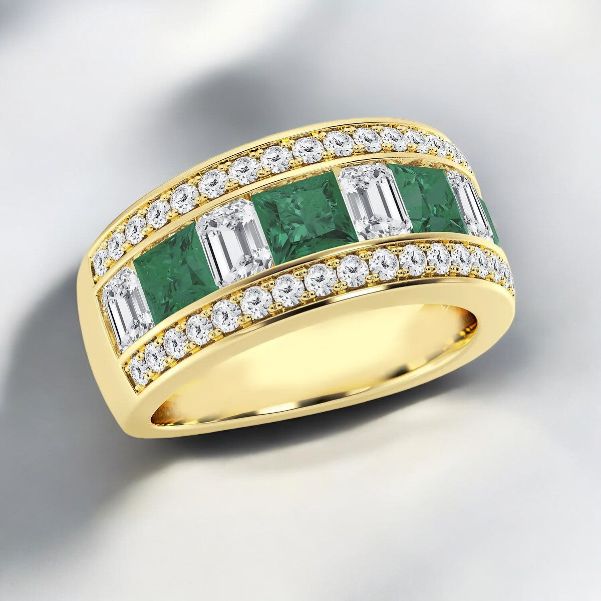 4.90mm & 5.10mm Princess Cut Created Emerald and Emerald & Round Lab Grown Diamond Fashion Band