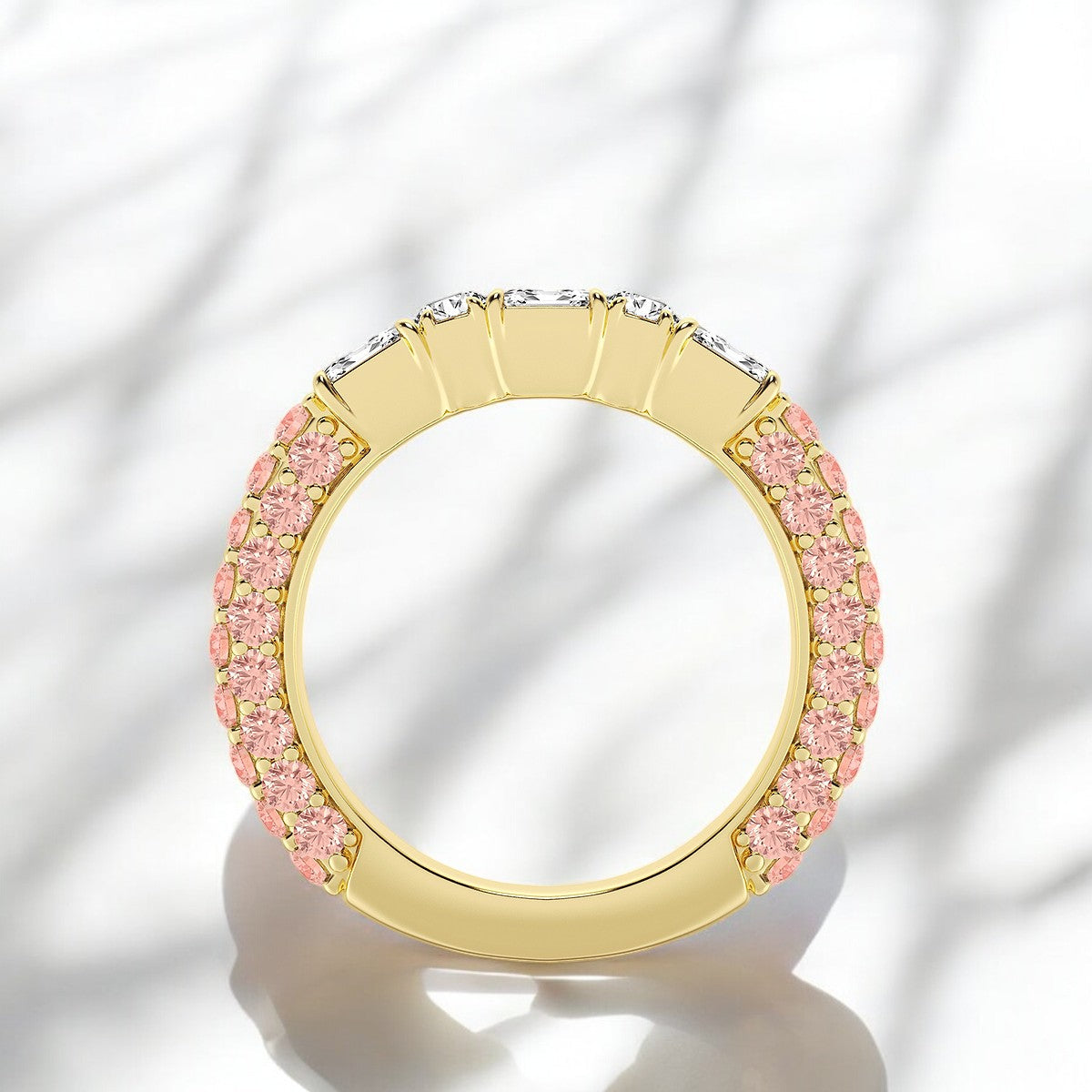 Emerald & Round Lab Grown Diamond Rollover Fashion Band with Pink Sapphire Side Stones