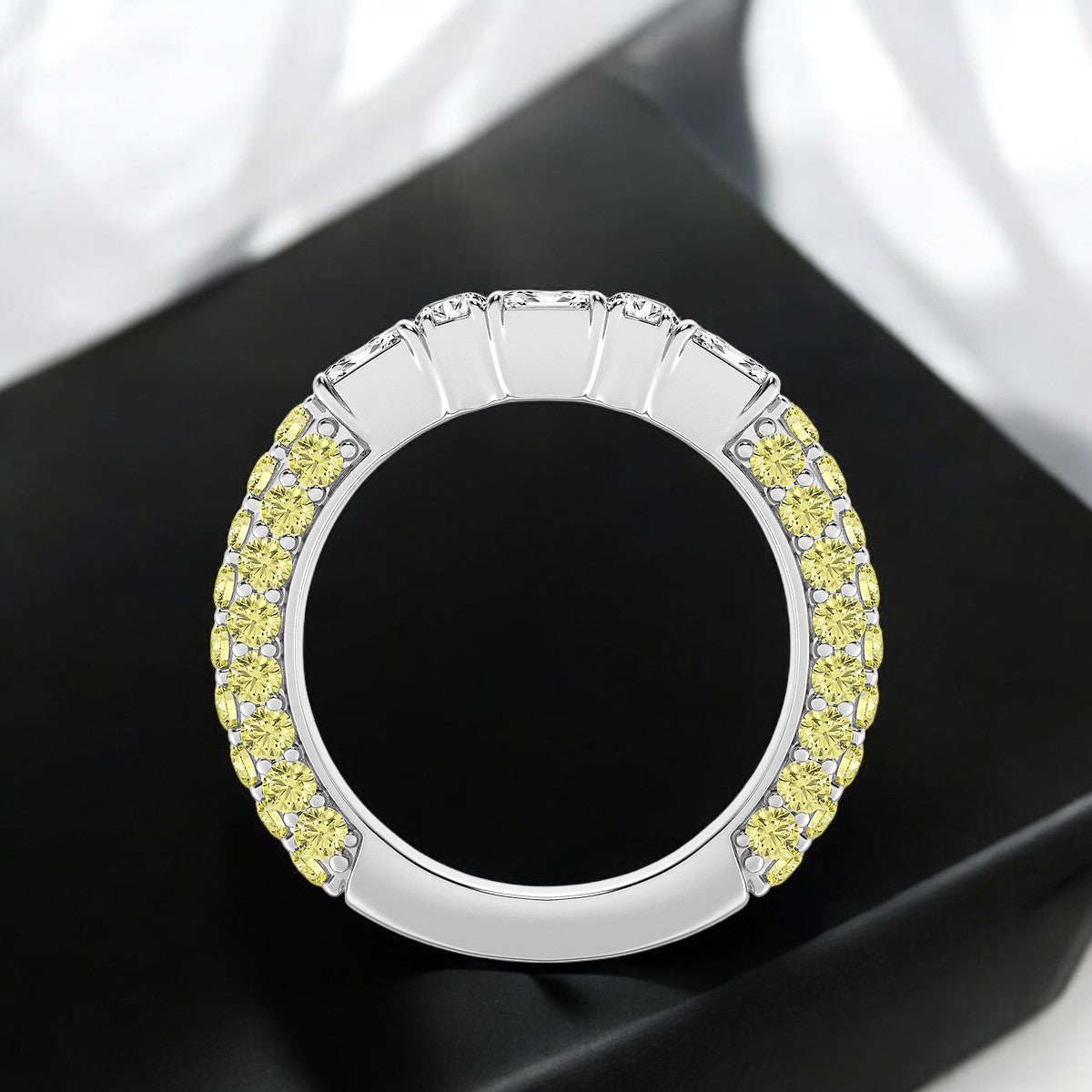 Emerald & Round Lab Grown Diamond Rollover Fashion Band with Yellow Sapphire Side Stones