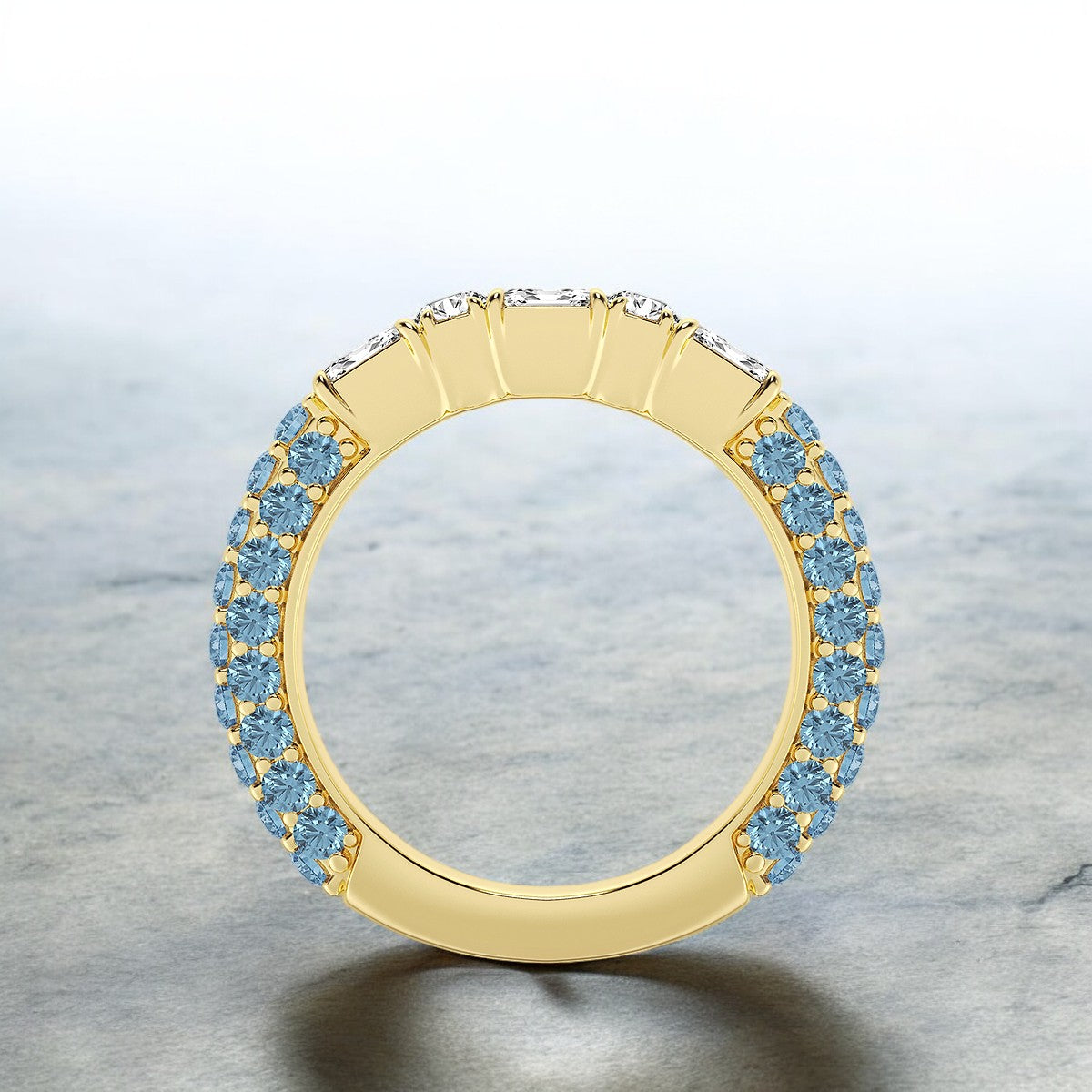 Emerald & Round Lab Grown Diamond Rollover Fashion Band with Blue Topaz Side Stones