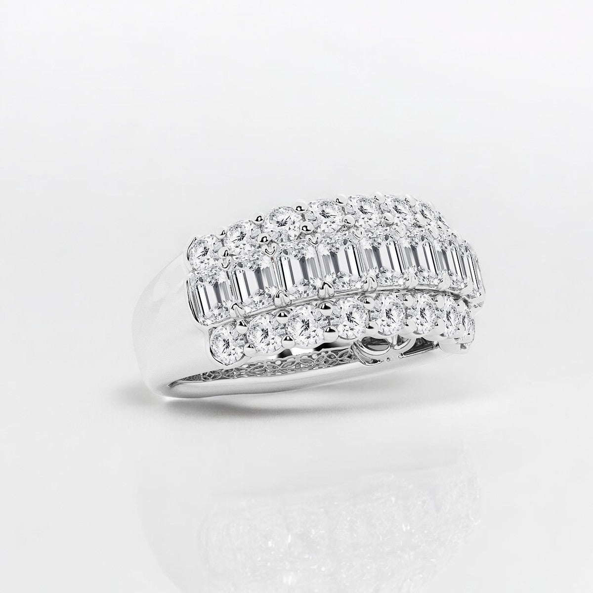 Emerald and Round Lab Grown Diamond Three Row Fashion Band