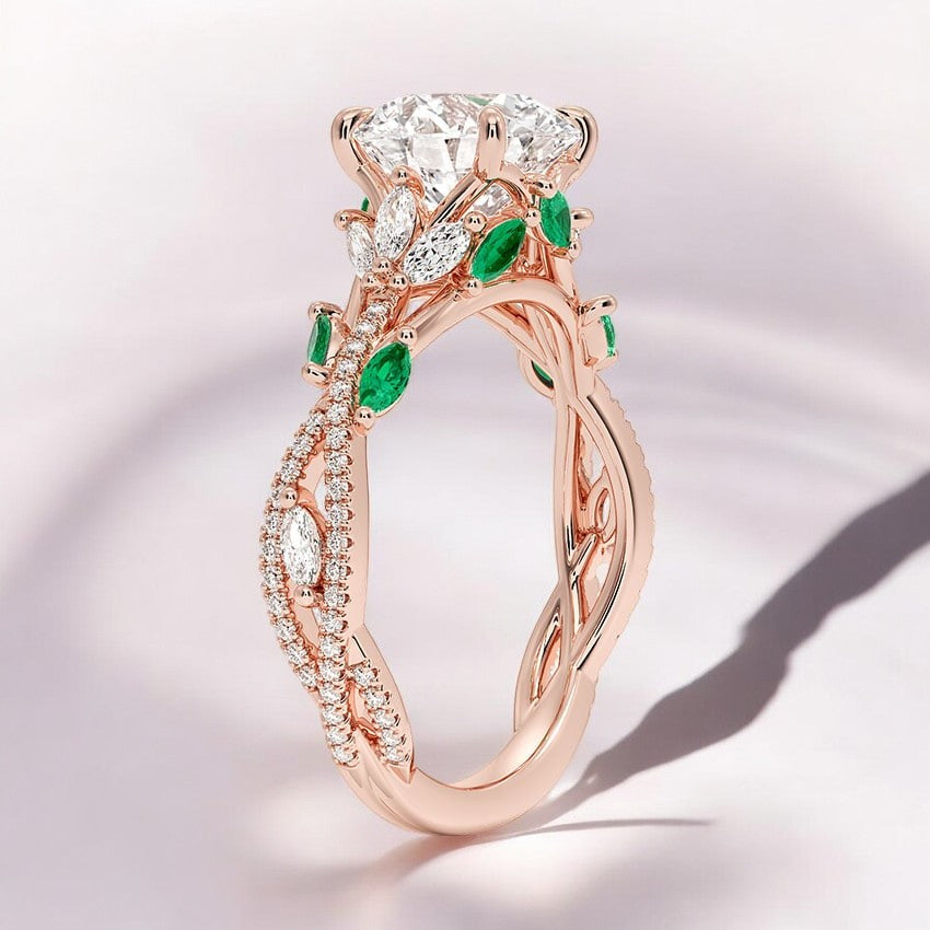 Lab Emerald and Lab Grown Diamond Engagement Ring - Intricate Details for a Refined Look