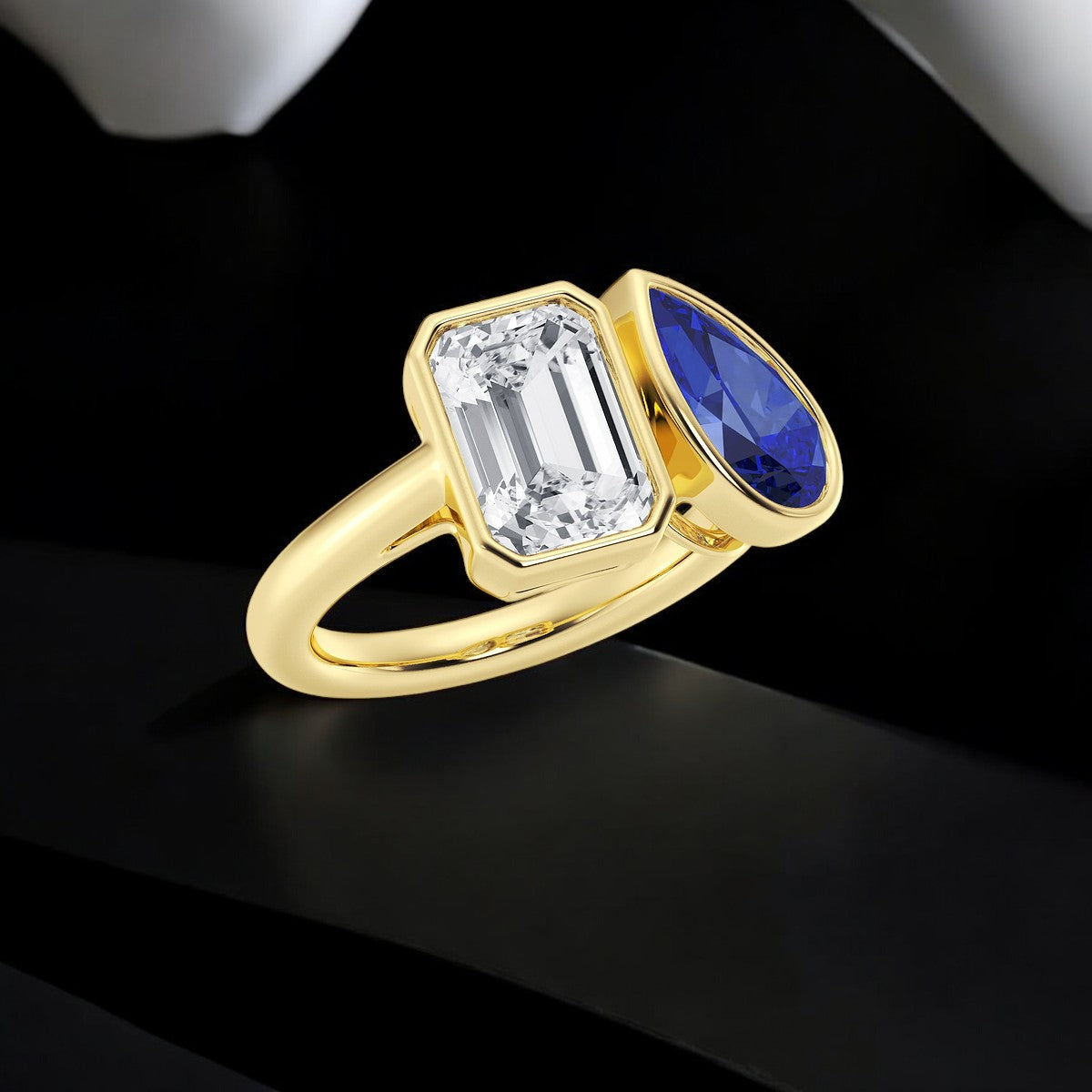 10x6 mm Pear Cut Created Sapphire and Emerald Lab Grown Diamond Bypass Two Stone Fashion Ring