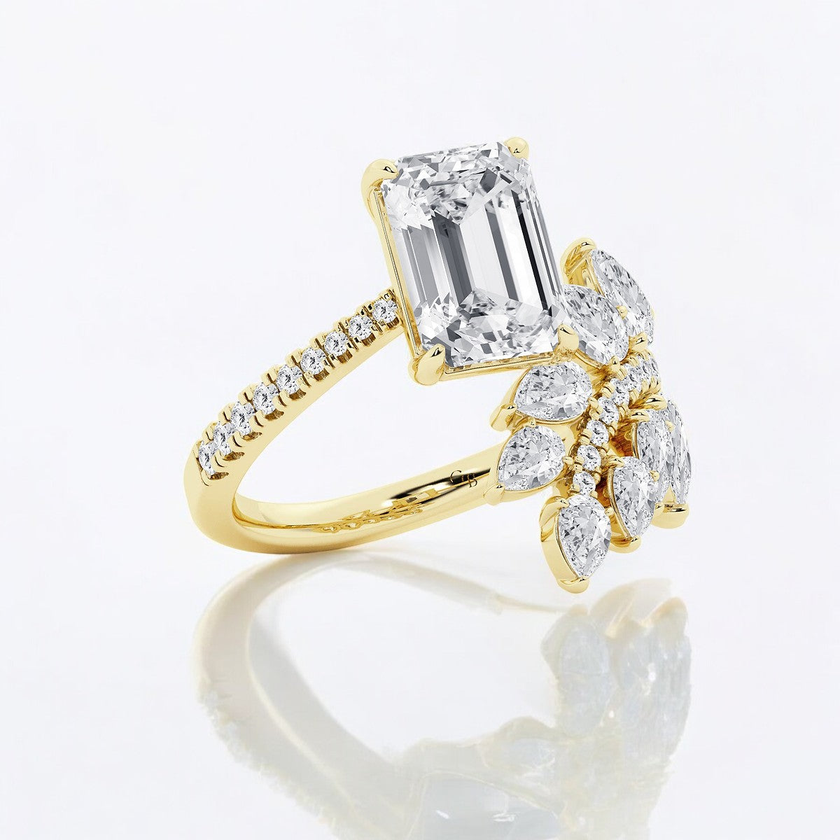 Emerald Lab Grown Diamond Nature Inspired Side Stone Engagement Ring