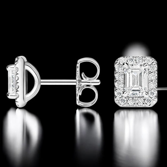 Emerald Cut Lab Grown Diamond Halo Stud Earrings