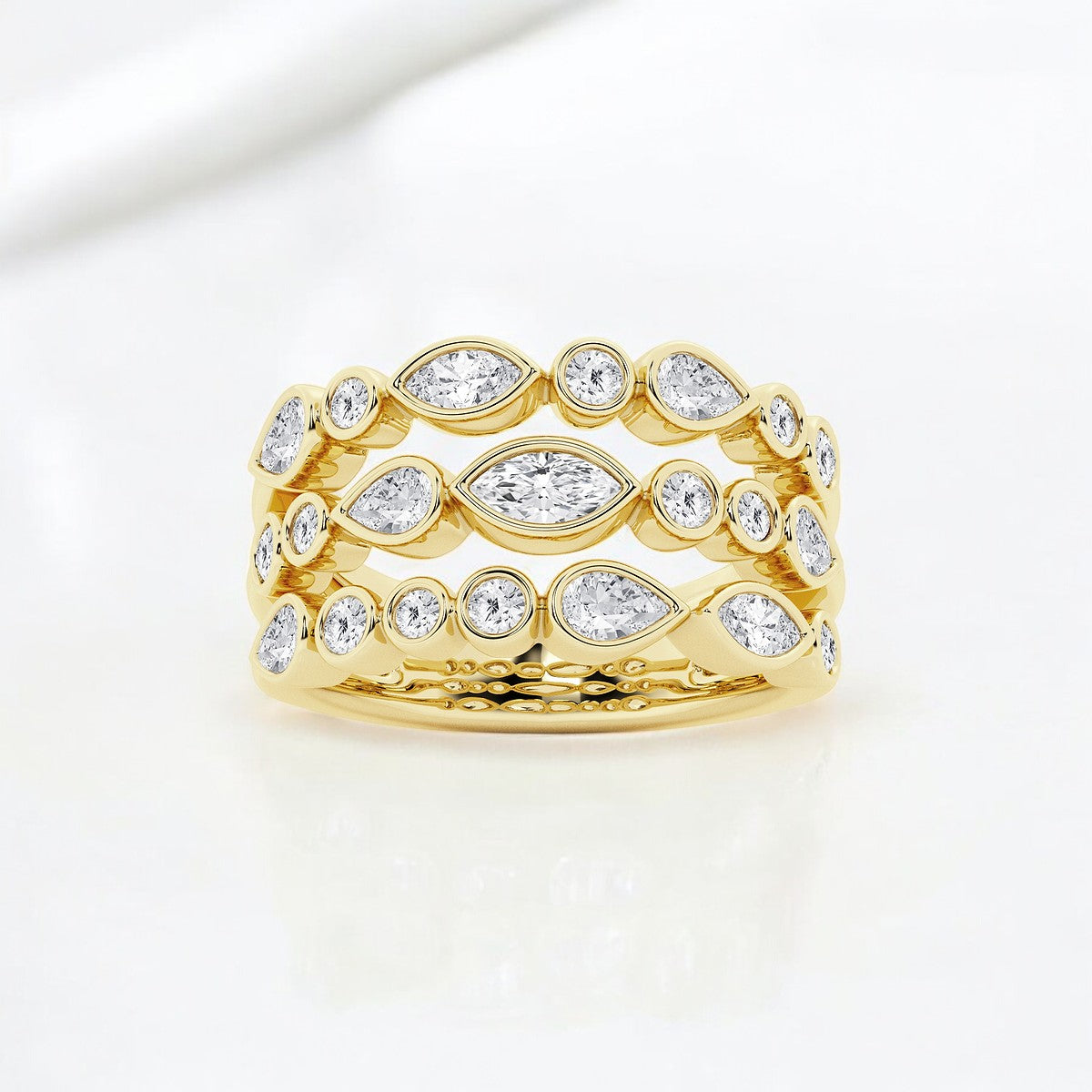 Marquise, Pear and Round Lab Grown Diamond Three Row Bezel Fashion Band