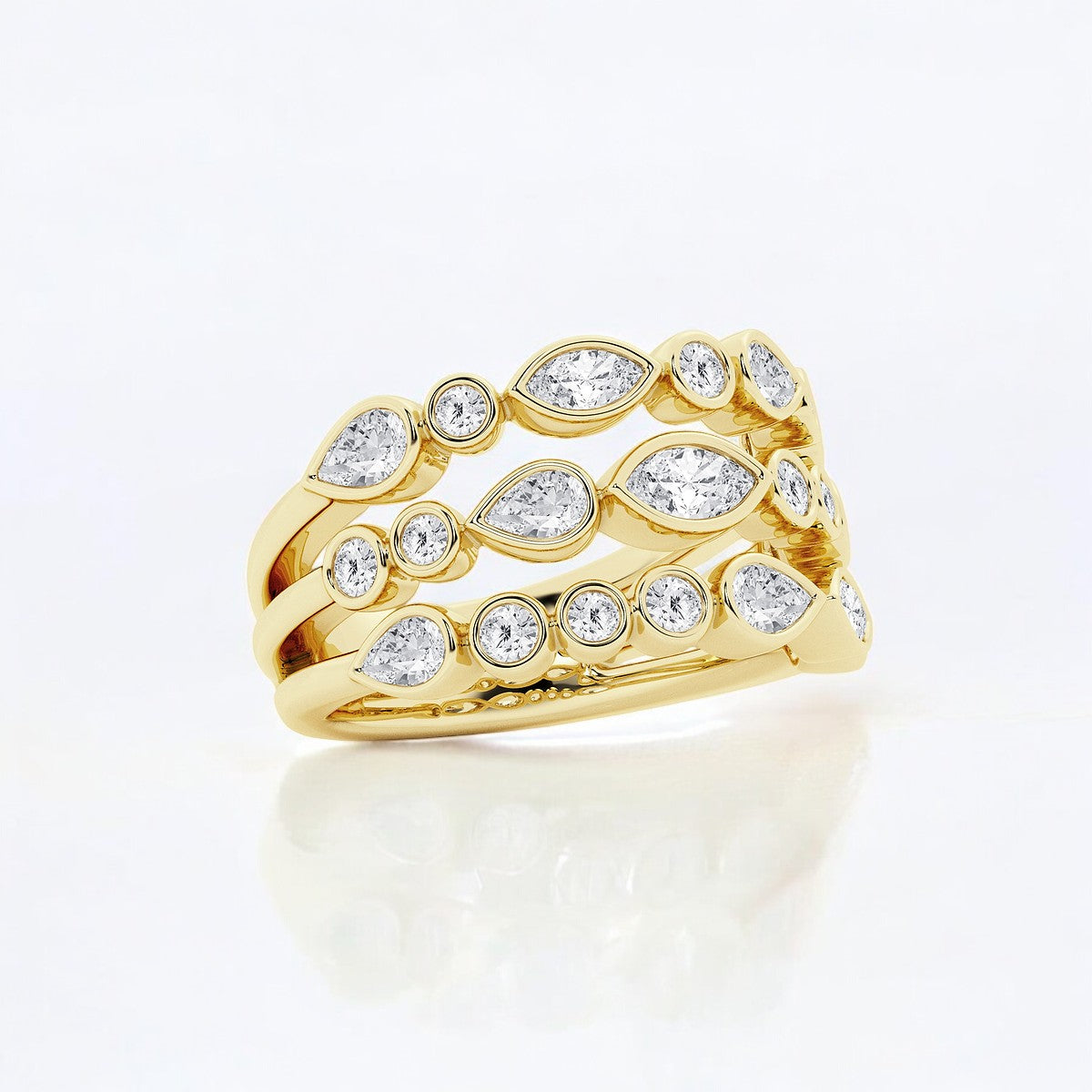 Marquise, Pear and Round Lab Grown Diamond Three Row Bezel Fashion Band