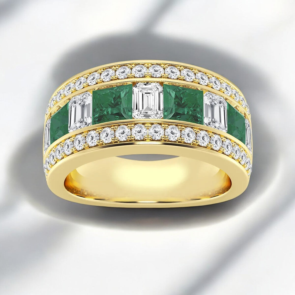 4.90mm & 5.10mm Princess Cut Created Emerald and Emerald & Round Lab Grown Diamond Fashion Band