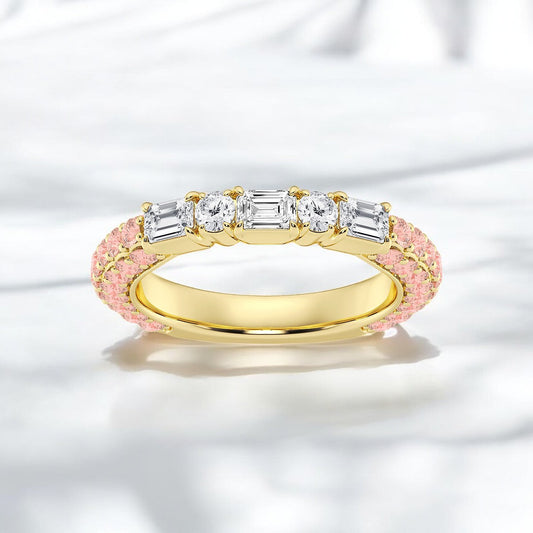 Emerald & Round Lab Grown Diamond Rollover Fashion Band with Pink Sapphire Side Stones