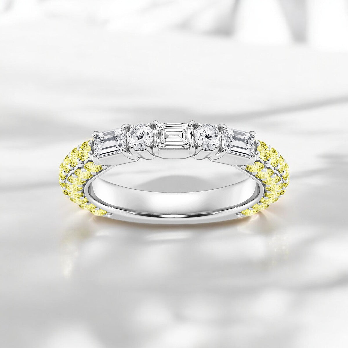 Emerald & Round Lab Grown Diamond Rollover Fashion Band with Yellow Sapphire Side Stones
