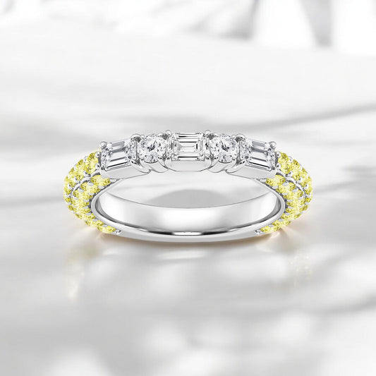 Emerald & Round Lab Grown Diamond Rollover Fashion Band with Yellow Sapphire Side Stones