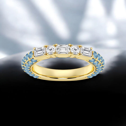 Emerald & Round Lab Grown Diamond Rollover Fashion Band with Blue Topaz Side Stones