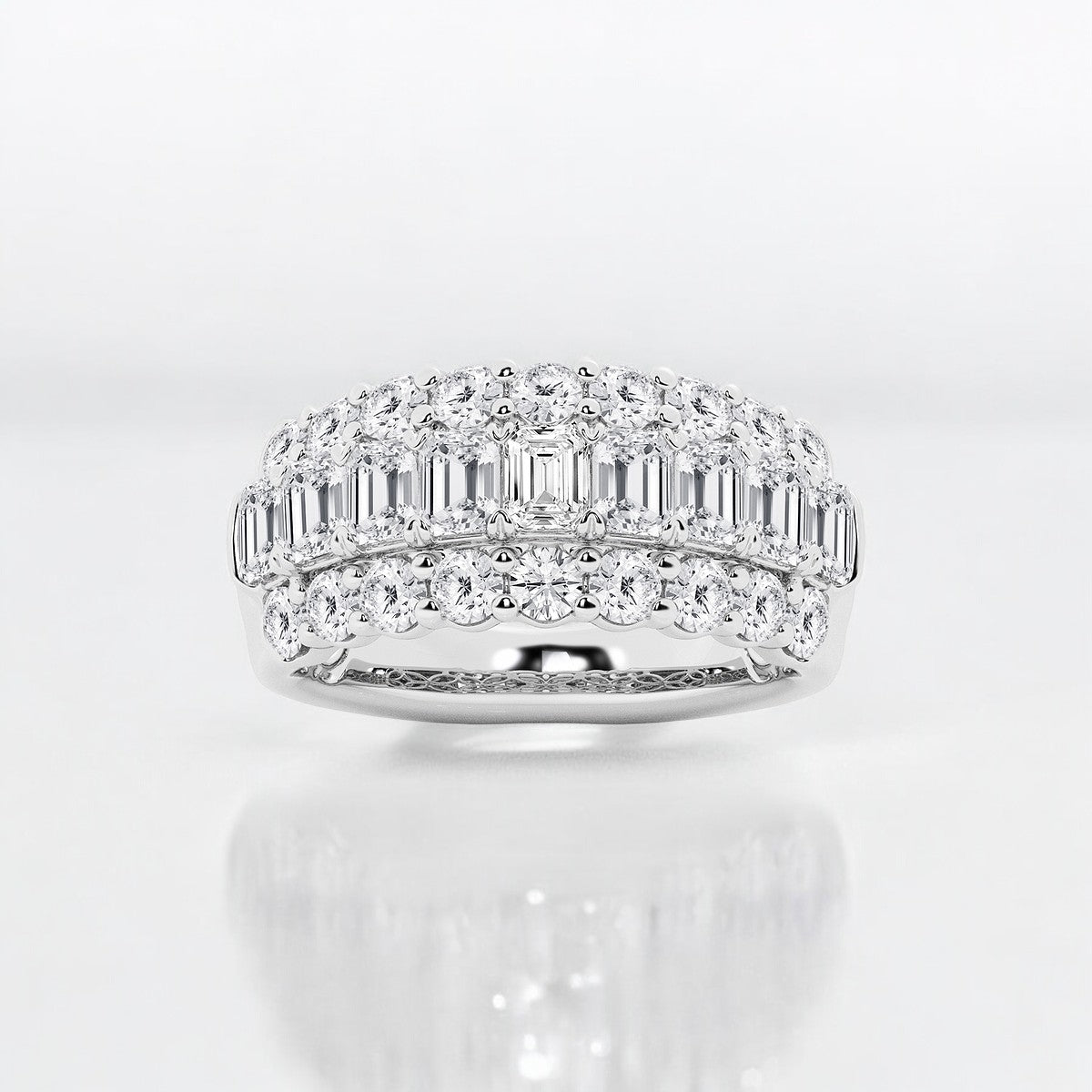 Emerald and Round Lab Grown Diamond Three Row Fashion Band