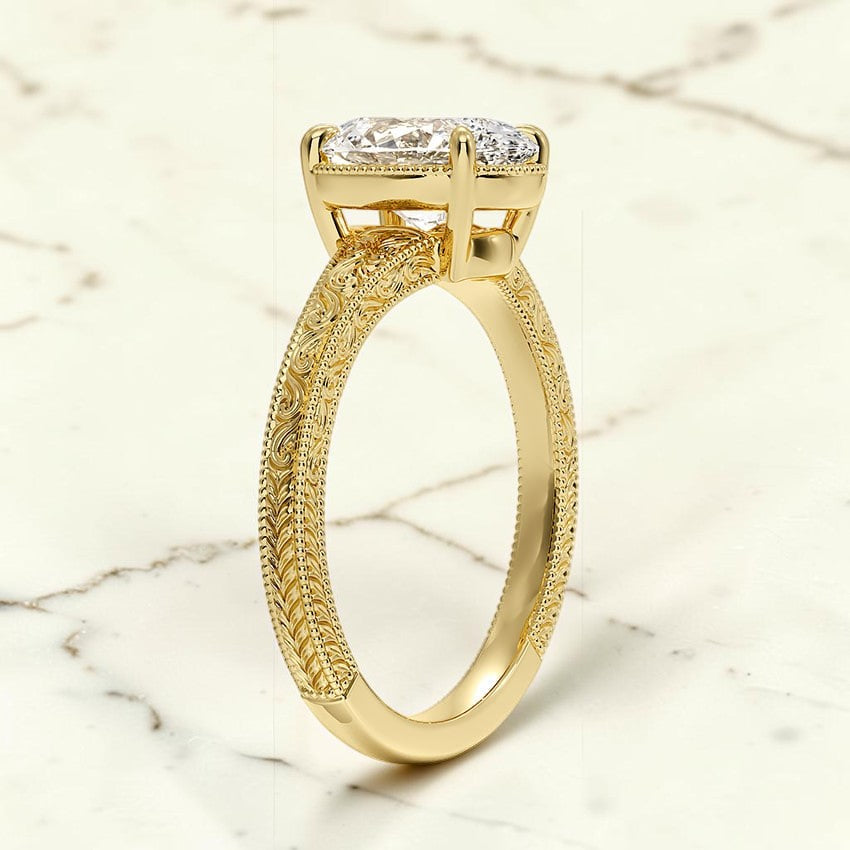 Tapered Emmeline Engraved Solitaire Ring in 14K Yellow Gold