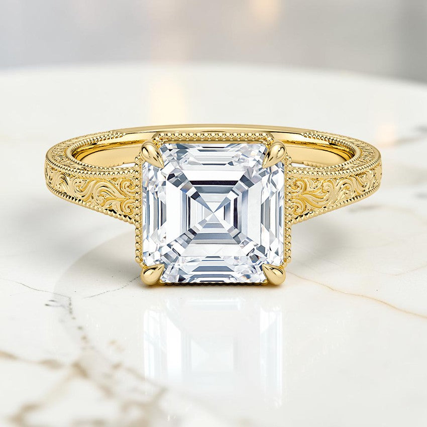 Tapered Emmeline Engraved Solitaire Ring in 14K Yellow Gold
