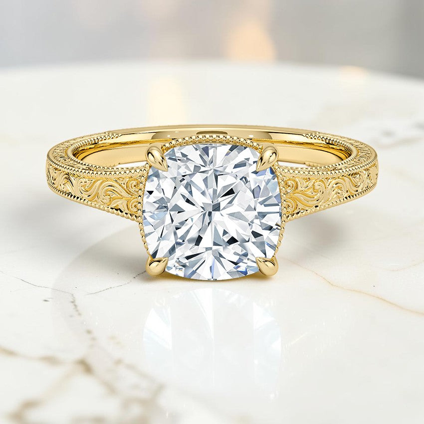 Tapered Emmeline Engraved Solitaire Ring in 14K Yellow Gold