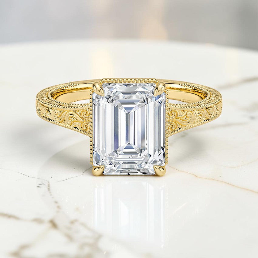 Tapered Emmeline Engraved Solitaire Ring in 14K Yellow Gold