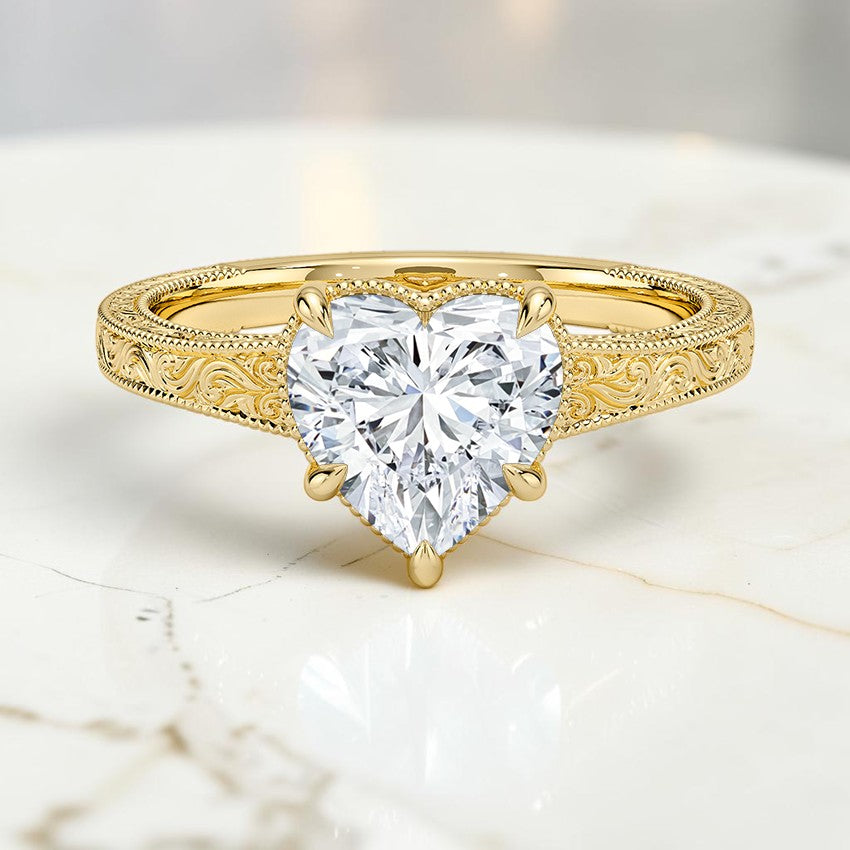 Tapered Emmeline Engraved Solitaire Ring in 14K Yellow Gold