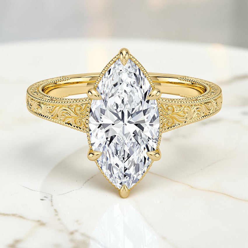 Tapered Emmeline Engraved Solitaire Ring in 14K Yellow Gold