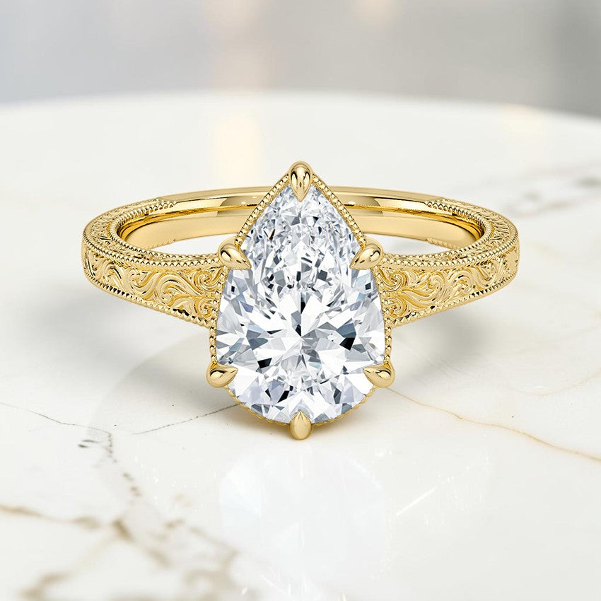 Tapered Emmeline Engraved Solitaire Ring in 14K Yellow Gold