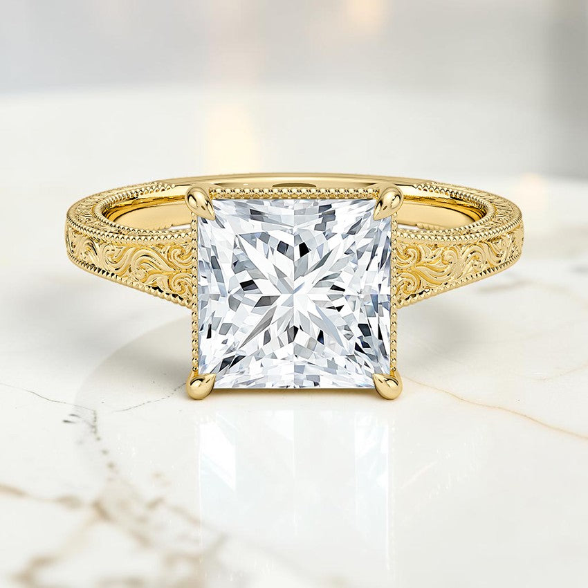Tapered Emmeline Engraved Solitaire Ring in 14K Yellow Gold