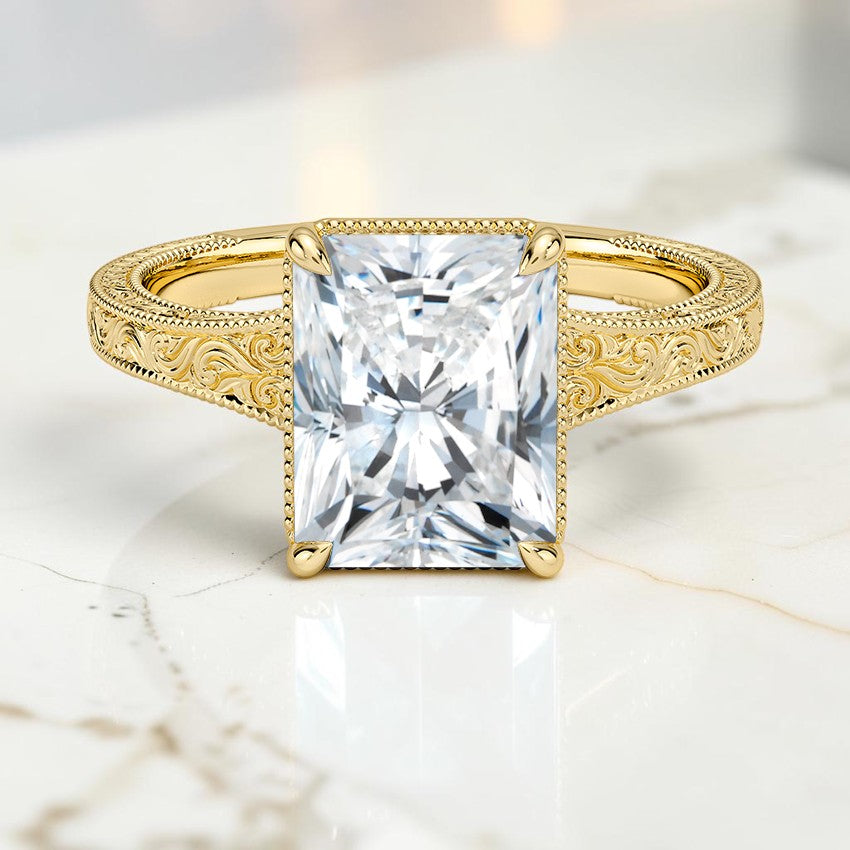 Tapered Emmeline Engraved Solitaire Ring in 14K Yellow Gold