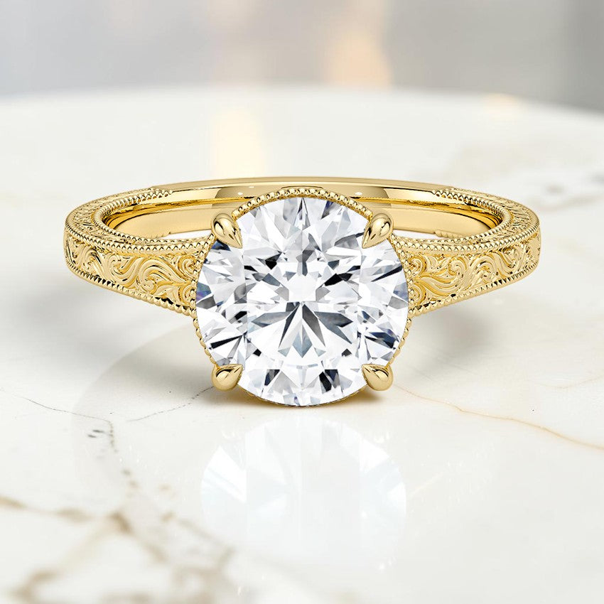 Tapered Emmeline Engraved Solitaire Ring in 14K Yellow Gold