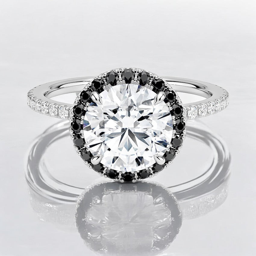 Halo Lab Grown Diamond Engagement Ring with Black Diamond Accents - A Modern Twist on a Classic