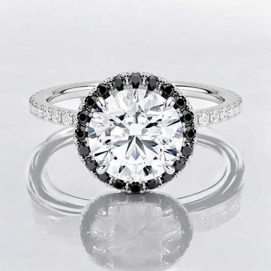 Halo Lab Grown Diamond Engagement Ring with Black Diamond Accents - A Modern Twist on a Classic