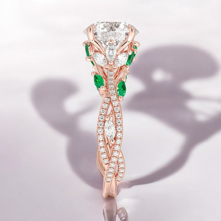 Lab Emerald and Lab Grown Diamond Engagement Ring - Intricate Details for a Refined Look