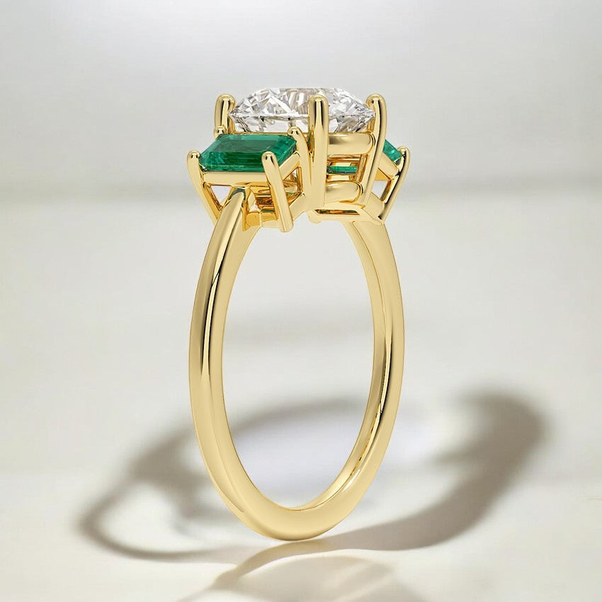 Luxe Three Stone Lab Emerald Engagement Ring