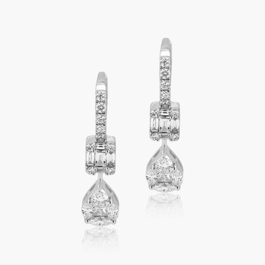 14K White Gold Baguette Illusion Dangle Earrings-E00009