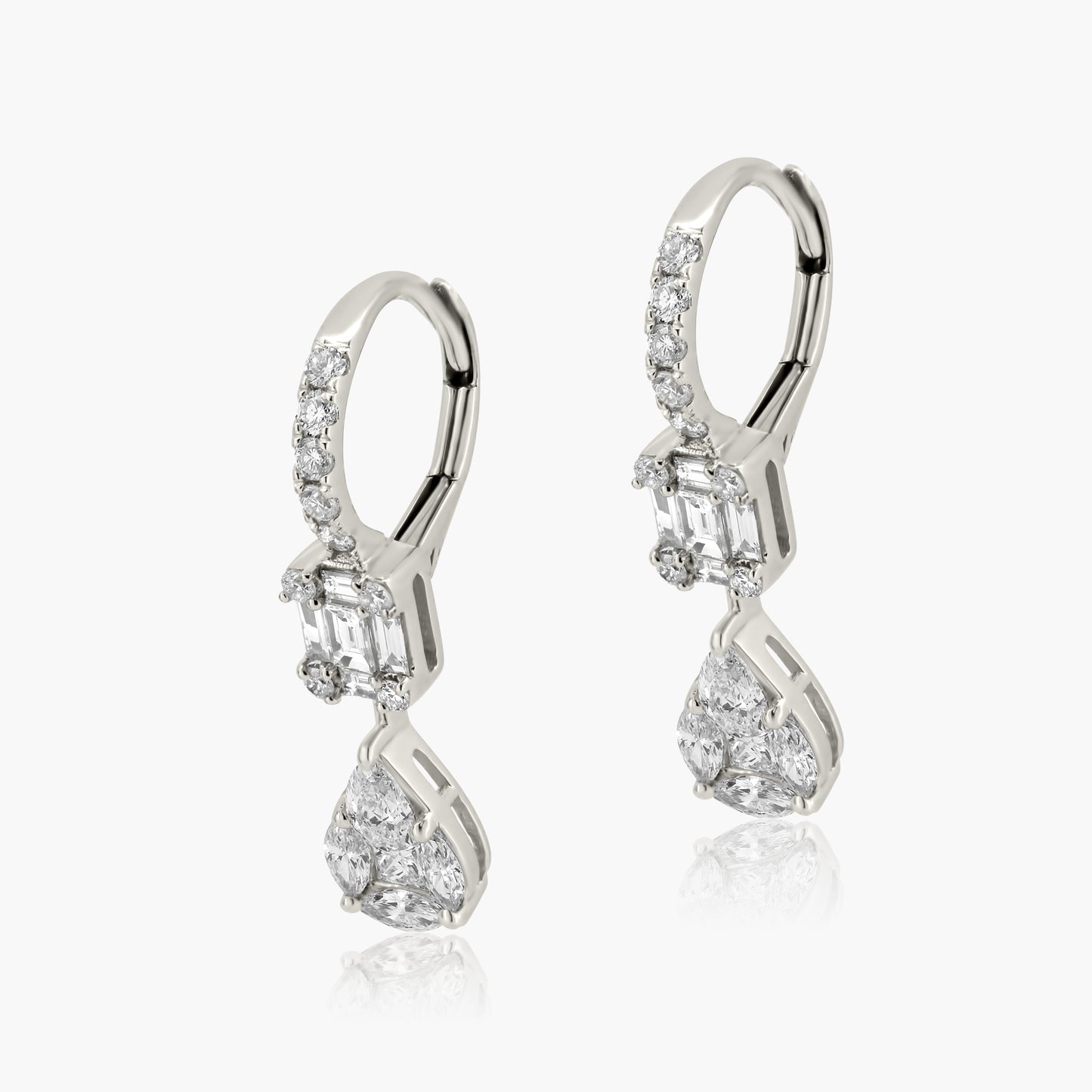 14K White Gold Baguette Illusion Dangle Earrings-E00009