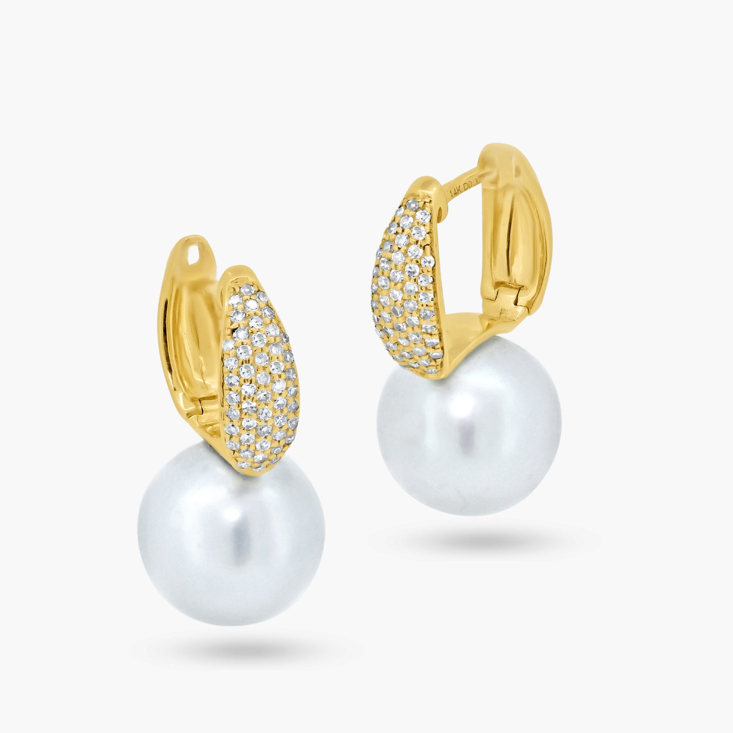 14K Yellow Gold Pave Diamond Pearl Huggies - E07530B