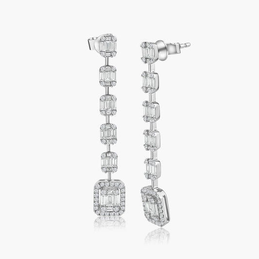 14K White Gold Baguette Dangle Earrings - E605009