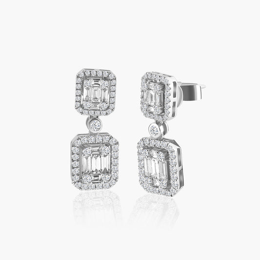 14K White Gold Baguette Dangle Earrings-E605010