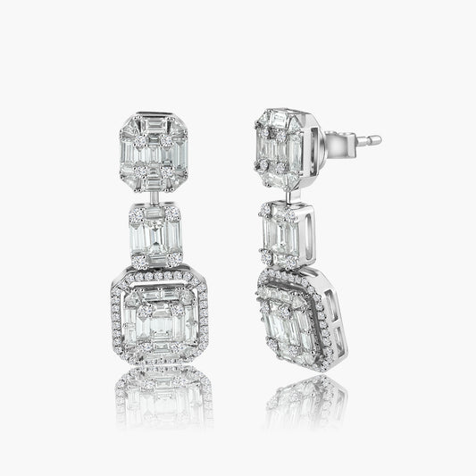 14K White Gold Baguette Dangle Earrings-E605045