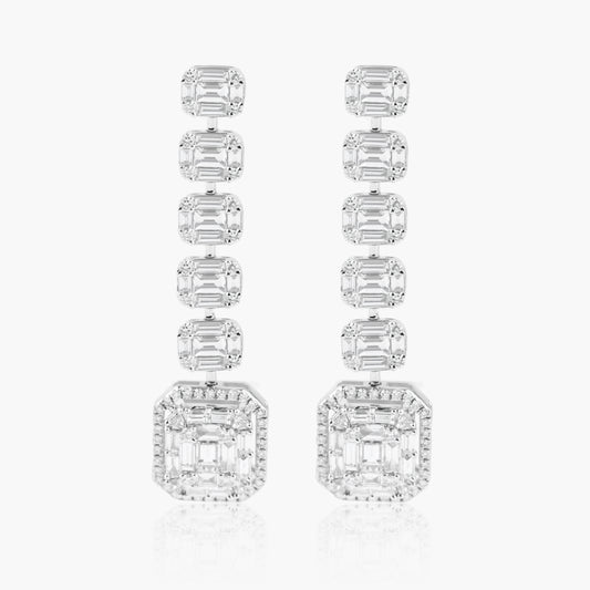 14K White Gold Baguette Dangle Earrings - E605047