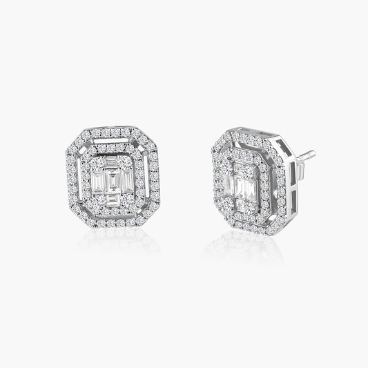 14K White Gold Baguette Stud Earrings-E605052