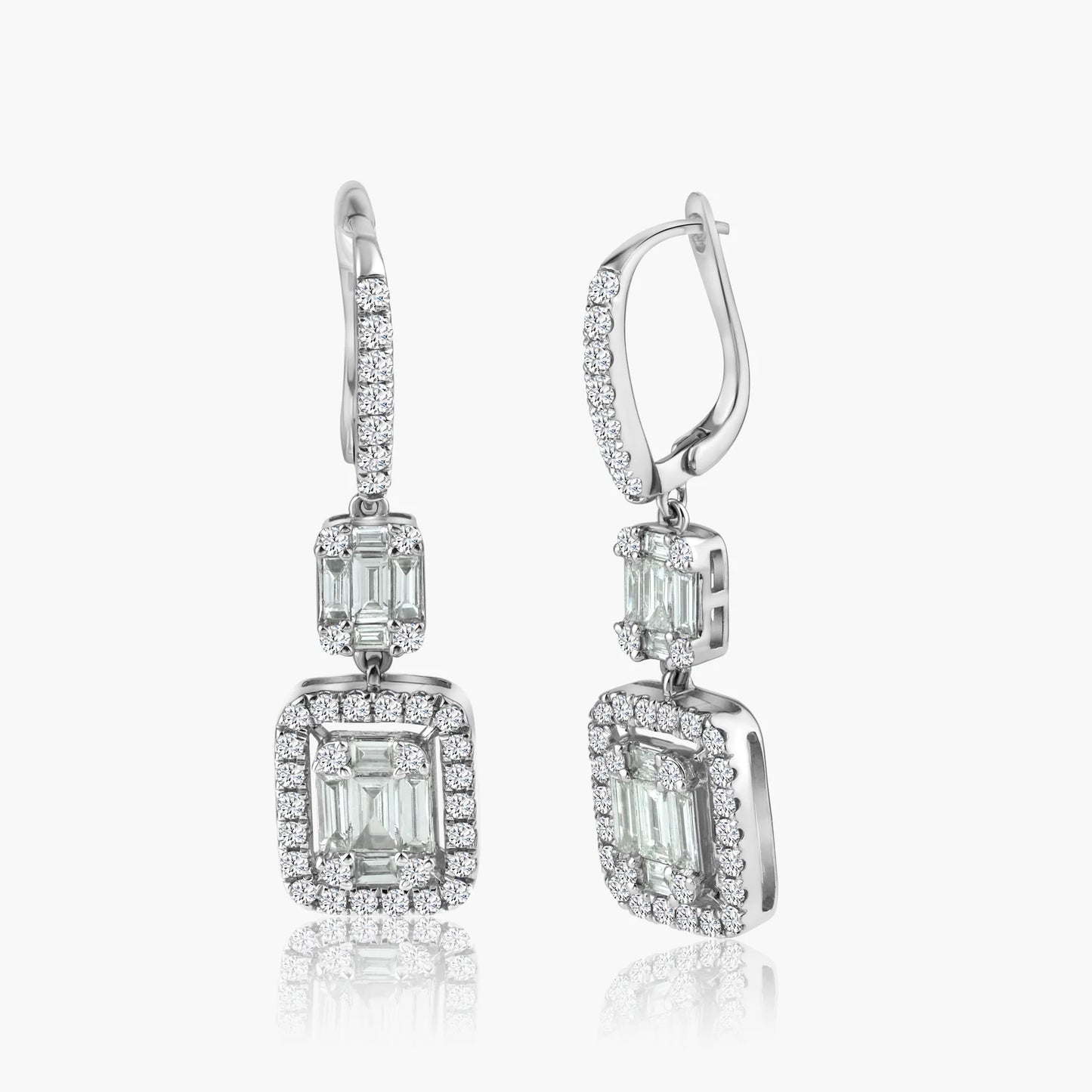 18K White Gold Baguette Dangle Earrings - E605628