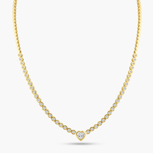 14K Yellow Gold Center Heart Diamond Tennis Necklace-N00001-1