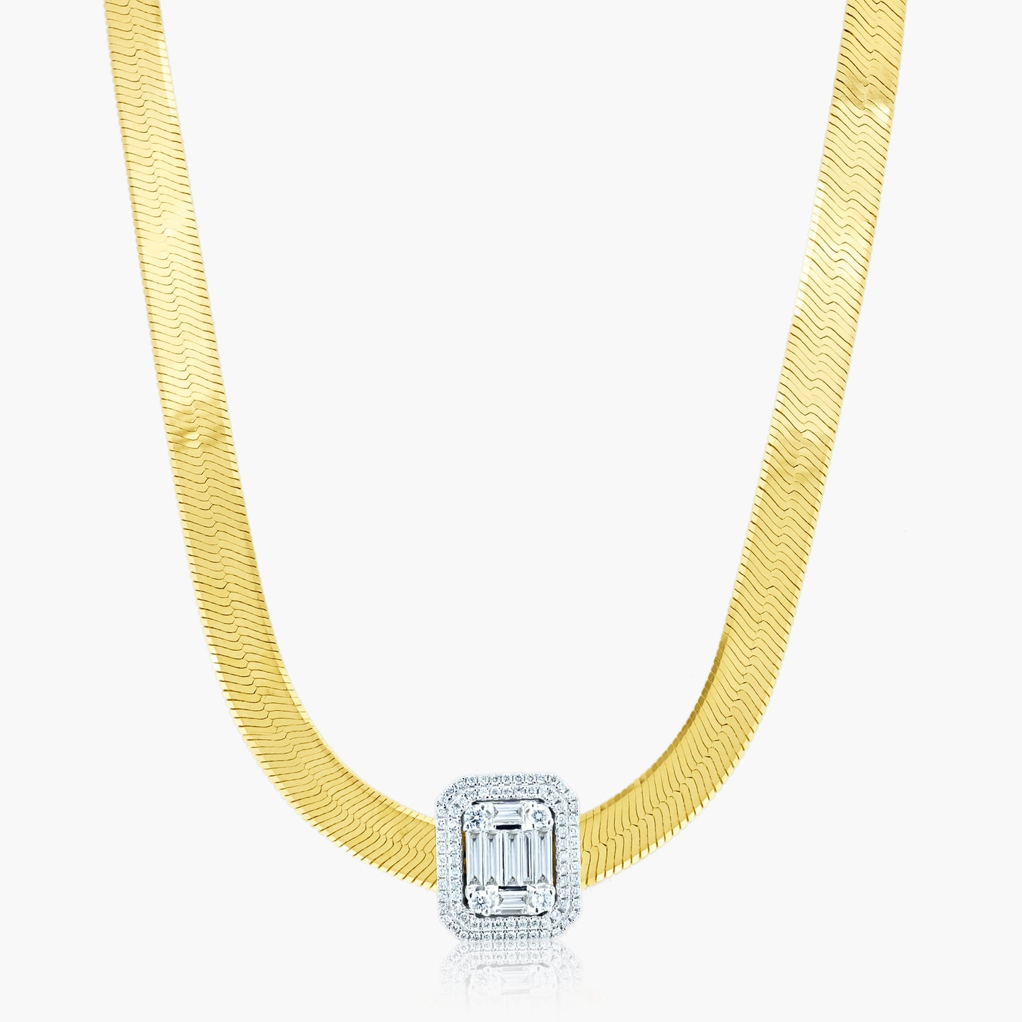 14K Two Tone Baguette Herringbone Necklace-NHER-1AFR