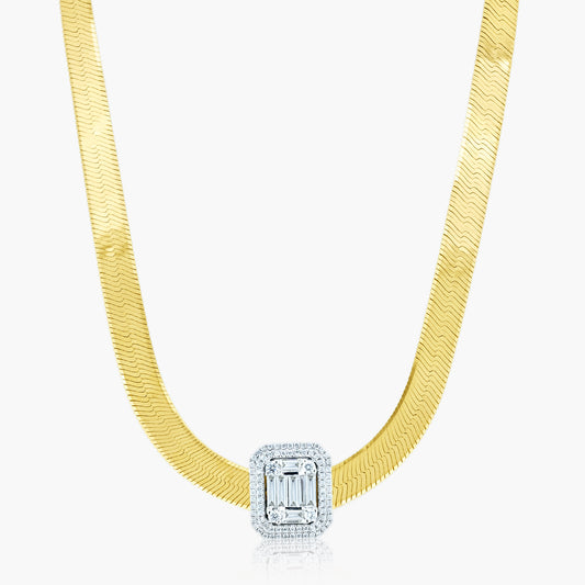 14K Two Tone Baguette Herringbone Necklace-NHER-1AFR