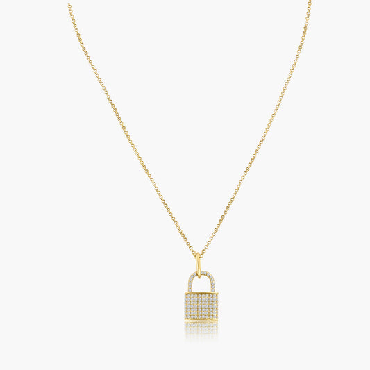 14K Yellow Gold Dainty Pave Diamond Padlock Pendant - P60592604