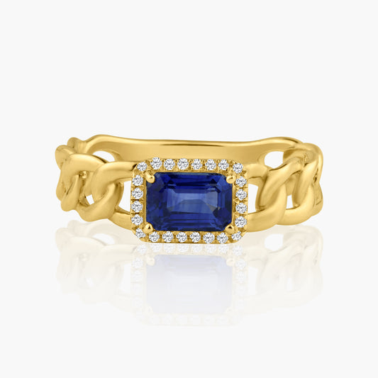 14K Yellow Gold Center Blue Sapphire Chain Link Ring-R60583401-B