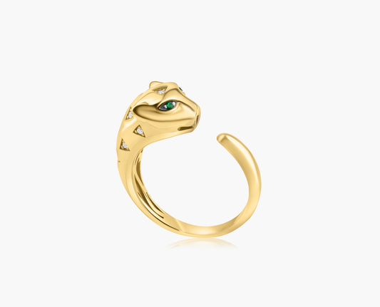 14K Yellow Gold Emerald Eye Panther Ring - R606459