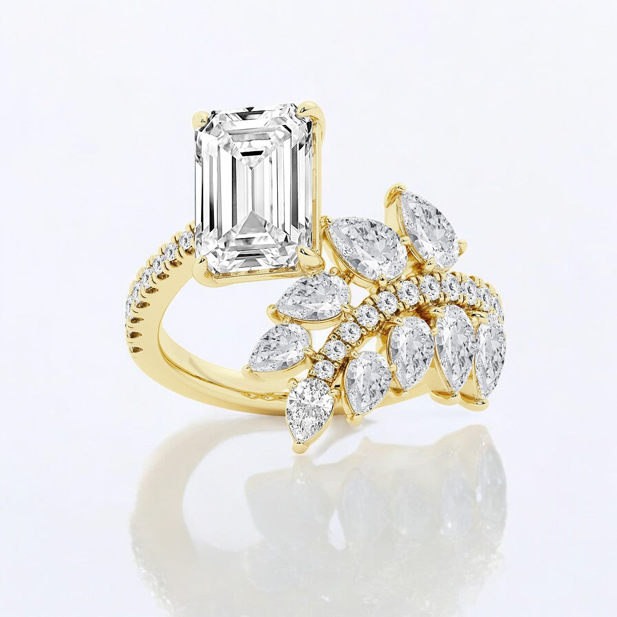 Emerald Lab Grown Diamond Nature Inspired Side Stone Engagement Ring