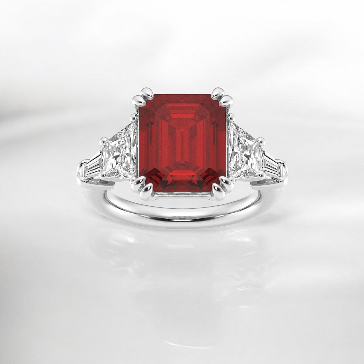 11.00 x 9.00mm Lab Created Ruby and Trapezoid & Baguette Lab Grown Diamond Ring